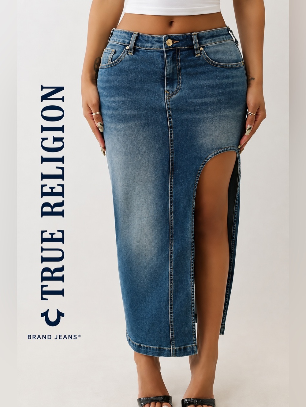 True Religion Denim Midi Skirt Size 29 Side Cutout Slit Y2K Blue Wash